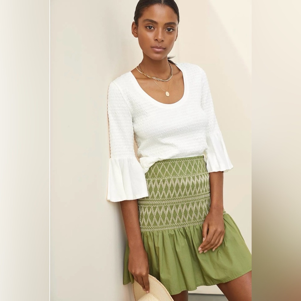 Anthropologie Smocked Bell-Sleeve Top